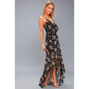 Black Floral Print High-Low Maxi Dress